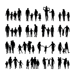 Family and kids walking and playing together various poses on white background silhouette set.