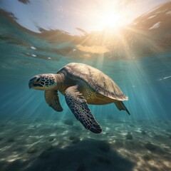 Obraz premium A turtle is swimming under the water and the sun is shining on created using generative AI tools