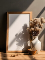 Dried statice flower in a vase by an empty wooden frame on a wooden surface. Frame design template. Mockup for design presentation. Generative Ai.