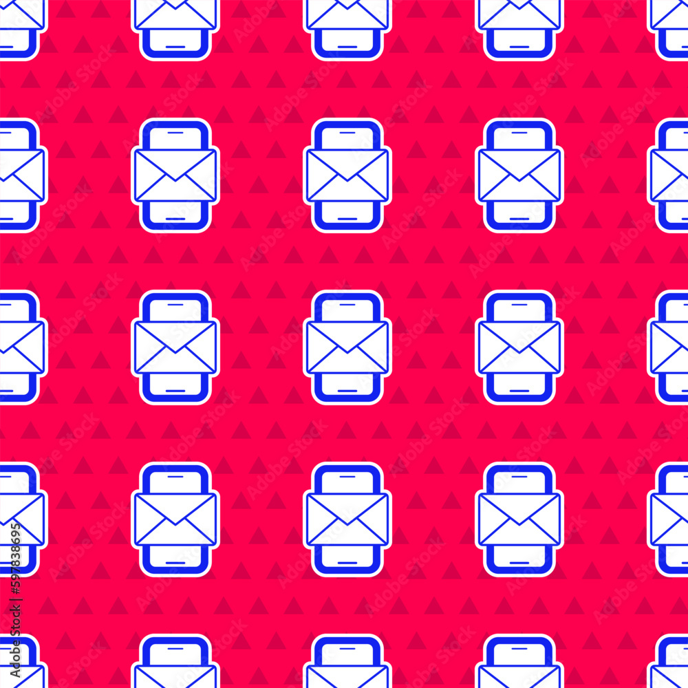 Poster blue mobile and envelope, new message, mail icon isolated seamless pattern on red background. usage 