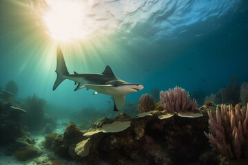 Hammerhead shark in coral reef with god rays. Generative AI - obrazy, fototapety, plakaty