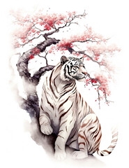 White tiger asian style art, wall print, digital print, wild life, Japanese culture. Generative AI
