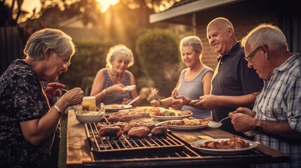 Fototapeta na wymiar A genuine photo of a group of eldery friends gathered in the backyard, enjoying a summer evening barbecue. Generative AI