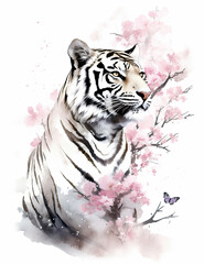 White tiger asian style art, wall print, digital print, wild life, Japanese culture. Generative AI