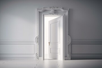 A white door stands alone on a white background. Generative AI