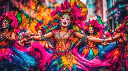 Watercolor painting of a vibrant and lively street festival, with musicians, dancers, and colorful decorations. Generative AI