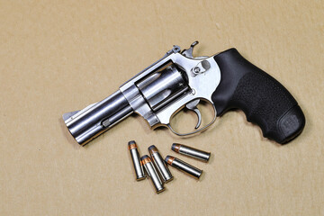 The compact revolver gun, j-frame m60 pistol left front end side view, with close cylinder prepare...