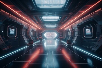 Sci-fi spaceship stage with neon gradient lighting, glossy floors, and tiled walls in a retro futuristic concrete warehouse. Generative AI