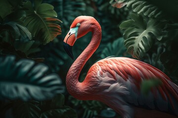 Flamingo and leafy art deco tropical print design. Generative AI