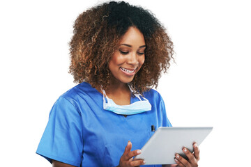 Smile, tablet and black woman nurse with technology for healthcare results or female medical...