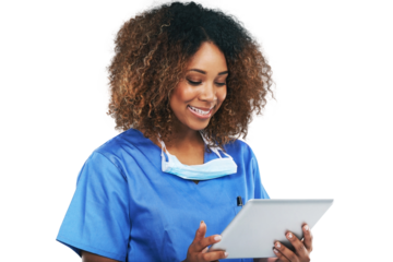 Smile, tablet and black woman nurse with technology for healthcare results or female medical physician and isolated on a transparent png background. Mobile, research and happy with digital checklist