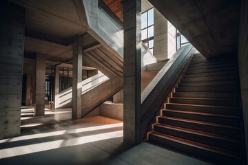 Modern building staircase with concrete walls and intricate details, highlighted by shade and shadow lighting. Generative AI