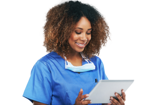 Smile, tablet and black woman nurse with technology for healthcare results or female medical physician and isolated on a transparent png background. Mobile, research and happy with digital checklist
