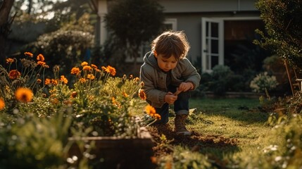 A candid shot of a young child helping their parent in the garden, planting flower sand learning about nature. Generative AI