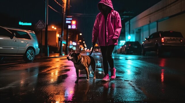 A dramatic image of a person walking their dog along a rain-soaked city street at night, with the vibrant neon lights reflecting off the wet pavement. Generative AI