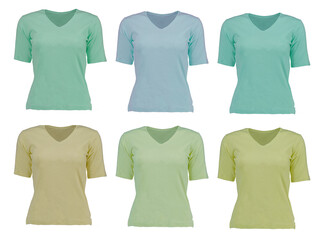 Collection of t-shirts. 6 pieces. Front view. Photo on a mannequin. Isolated image on a white background. Photo on a mannequin.