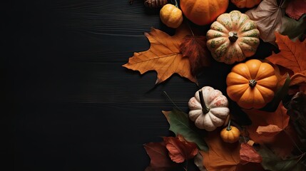 Autumn design elements with leaves and pumpkins on the black background and copy space - Generative AI