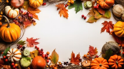 Naklejka na ściany i meble Autumn fall frame with pumpkins and leaf leaves and copy space, halloween background - Generative AI