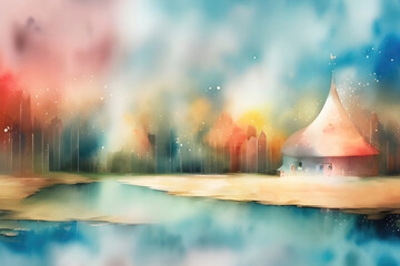 Watercolor abstract art landscape, children story book style, soft pastel color background. Generative Ai.