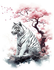 White tiger asian style art, wall print, digital print, wild life, Japanese culture. Generative AI