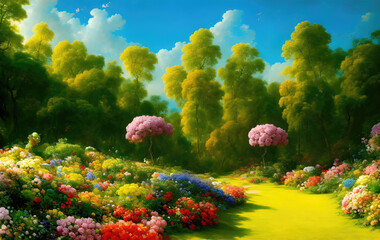 Paradise garden full of flowers, beautiful idyllic background with many flowers in Eden, illustration with Fairytale colors. Generative Ai.