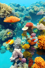 Naklejka na ściany i meble Coral reef underwater illustration, beautiful undersea coral reef background. Generative Ai.