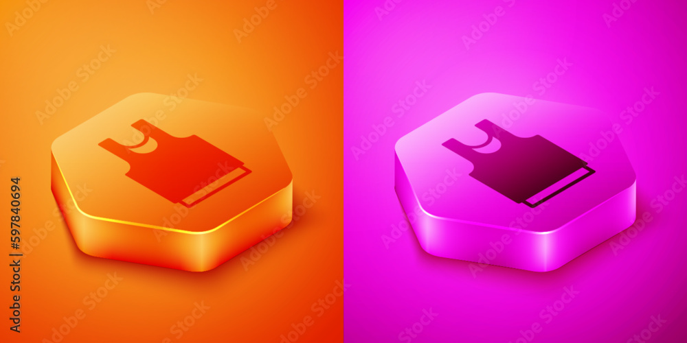 Poster isometric undershirt icon isolated on orange and pink background. hexagon button. vector