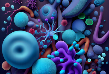 Bacterial disease with colorful organisms in large canvas format. light purple and dark blue  Wimmel Builder. Generative AI
