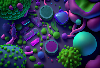 Many different bacteria in the blue environment in the form of magenta and green.  medical course. Generative AI