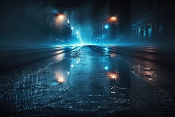 Foggy city street at night with lights and reflections