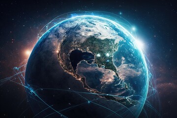 Planet Earth from space with international network representing communication, travel and connections