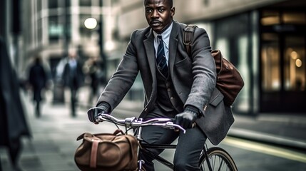 Obraz premium Black man riding a bicycle to work, reducing his carbon footprint and embracing eco-friendly transportation. Generative AI