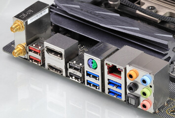 Multiple ports on modern computer mainboard show with HDMI, Display port, USB 3.2 type A, usb 3.1,...