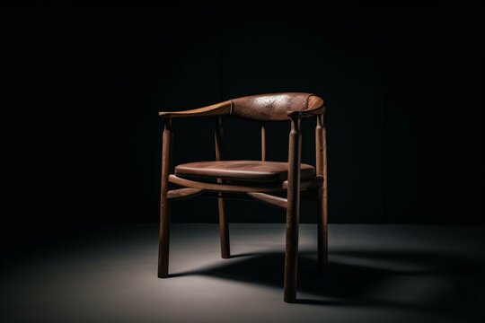 A chair made of brown wood and leather standing alone on a white background. Generative AI