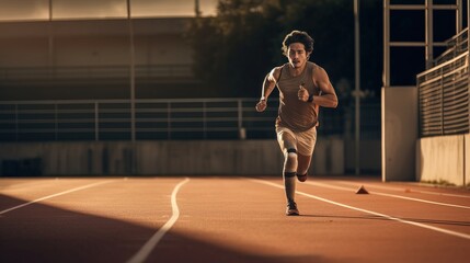Fototapeta na wymiar A young man sprinting on a track with determination, showcasing his strength and resilience, sunset. Generative AI