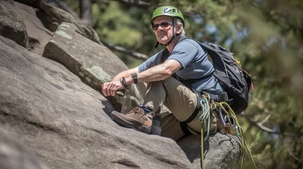 Tuinposter A senior man confidently rock climbing, showcasing their strength and perseverance. Generative AI © 22Imagesstudio