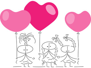 Cute Characters of three Girlfriends. Holding Heart Shaped Balloons in Hands