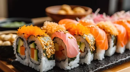 Foto op Plexiglas Delicious salmon sushi roll set on plate in restaurant background. Fresh and healthy seafood illustration. AI generative image. © vlntn