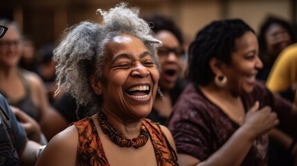 Obraz premium A candid shot of a diverse dance class for seniors, with participants of various races, genders, and body sizes, enjoying themselves and moving in harmony. Generative AI