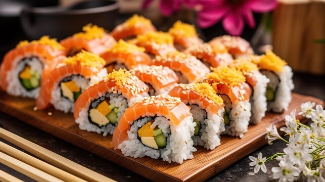 Delicious salmon sushi roll set on plate in restaurant background. Fresh and healthy seafood illustration. AI generative image.