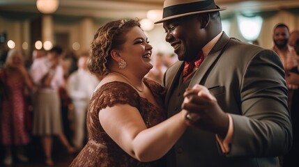 Capture a candid moment of a plus-sized woman and a man with a prosthetic arm, both dressed in formal attire, dancing joyfully and confidently at a wedding reception. Generative AI