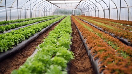 Illustration of spacious greenhouse with salad and other greens. Healthy vitamin food. Hydroponic farm. AI generative image.