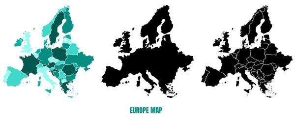 Europe map icon. Europe country map sign. Nation map silhouette icon, colored, black filled and outline map. Vector illustration on a white background, eps10