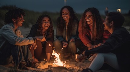 joyful moment of a group of friends from diverse backgrounds and ages, laughing together around a bonfire at a beach party. Generative AI