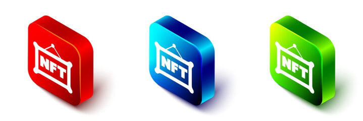 Isometric NFT Digital crypto art icon isolated on white background. Non fungible token. Red, blue and green square button. Vector