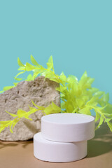 Decorative plaster podiums, seaweed and stone in sand on turquoise background