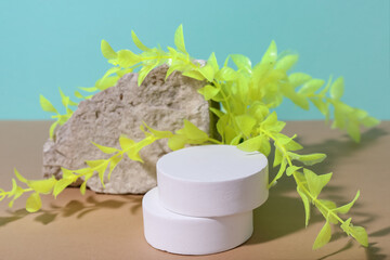 Decorative plaster podiums, seaweed and stone in sand on turquoise background