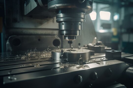 Precise and efficient CNC machine cutting metal parts in a modern factory. Generative AI