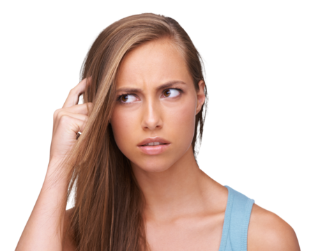 Thinking, isolated girl and confused anxiety or question, problem or doubt, unsure, decision and idea process. Woman, frustrated or stress on face scratching head on transparent png background