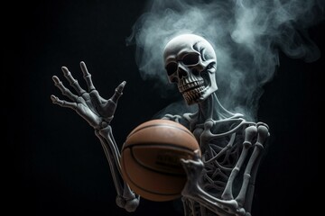 Fototapeta na wymiar Spooky basketball skeleton spinning ball and giving victory sign through smoke. Generative AI